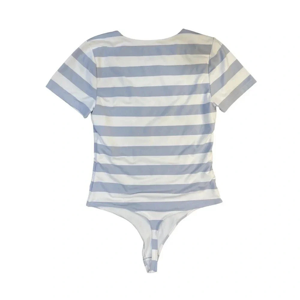 Aritzia Babaton Contour Crew Short Sleeve Bodysuit – Blue & White Stripe Large - Picture 6 of 8